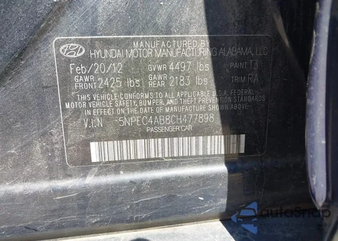 2012 Hyundai Sonata Se 2.0T из США, поврежденный, VIN 5NPEC4AB8CH477898